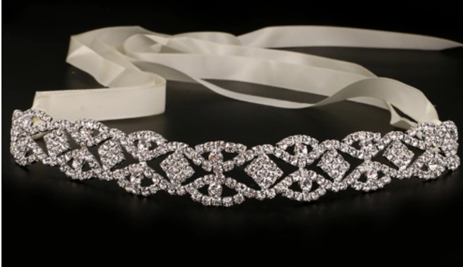 Bridal Wedding Headband with Rhinestone Diamond Patternn w/ Sash