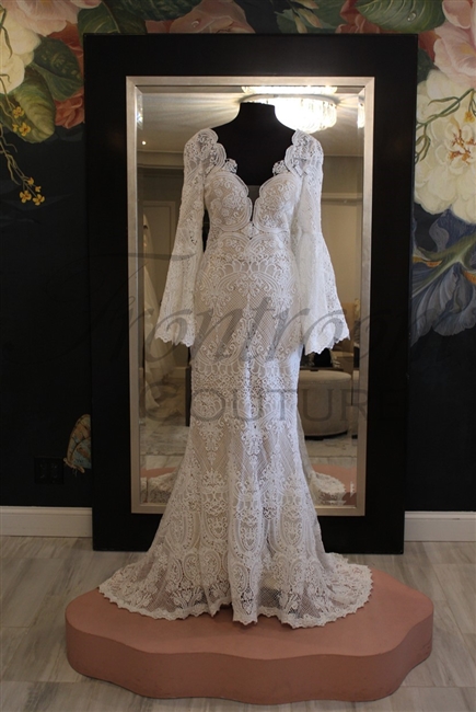 WILLA | Crochet Lace Sheath Gown with Bell Sleeves and Deep V Neckline