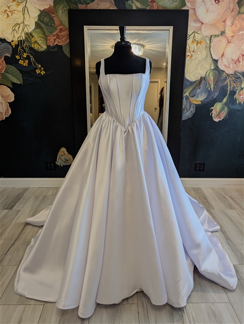 ALEXIS | Basque Waist Satin Ballgown with Corseted Square Neck Bodice with Pearl Detail