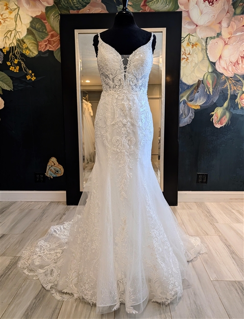SAYLOR|  Lace Fit and Flare Wedding Gown Deep V Spaghetti Straps and Low Back