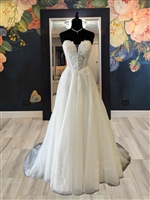 ELOWEN | Basque Waist A-line Gown with Large Floral Applique and Glitter Layer