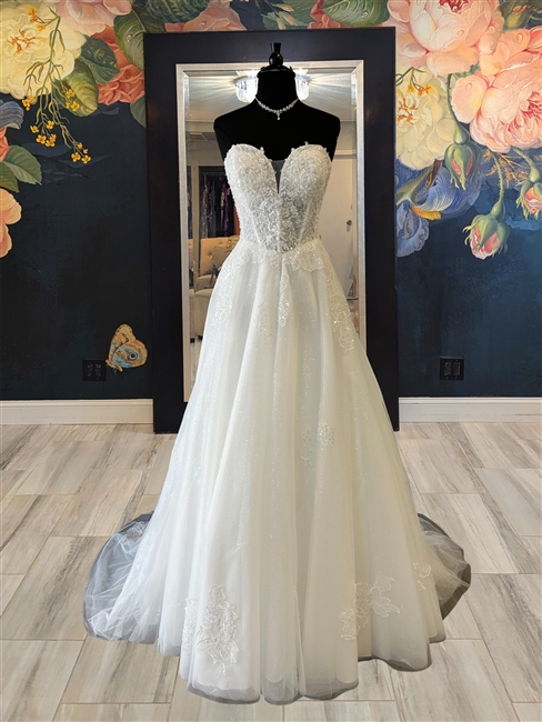 ELOWEN | Basque Waist A-line Gown with Large Floral Applique and Glitter Layer