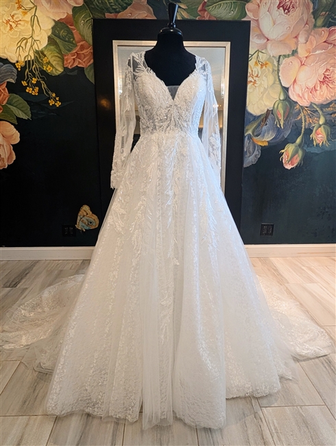 KINSLEY | A-line Patterned Lace Gown with Full Length Sleeves and Low V Back