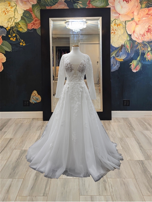 IRENE | A-line Gown with Full Length Sleeves and Floral Lace Applique