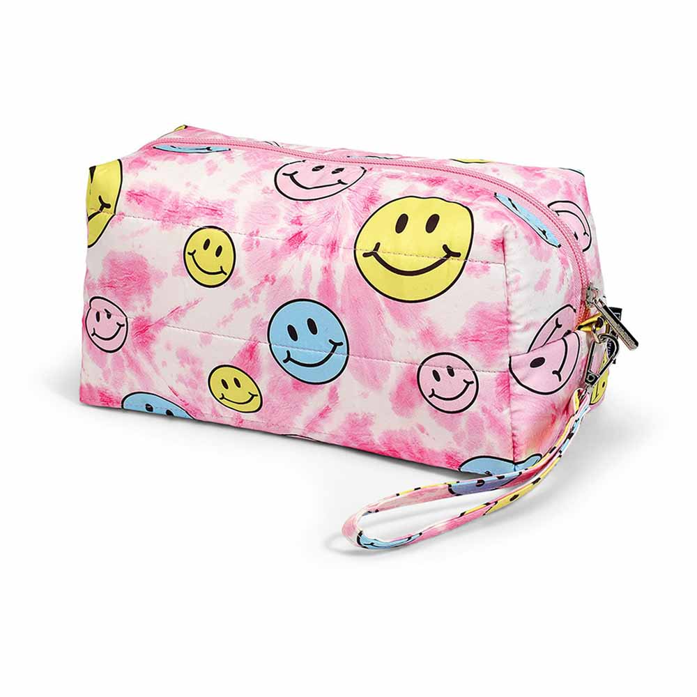 Pink Tie-Dye Happy Face Puffer Cosmetic Bag