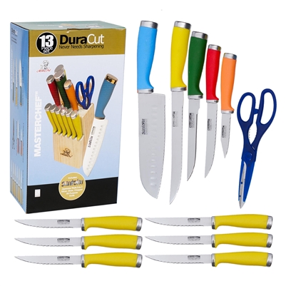 13 Piece Master Chef Cutlery Set W/ Block with color handles
