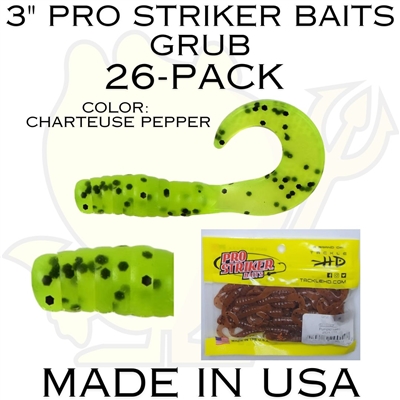 3" Pro Striker Baits Grub 26 Pack Chartreuse Pepper