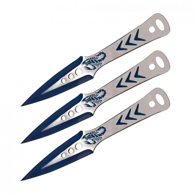 9" Two-Tone Blue Set of 3 Scorpion Throwing Knives