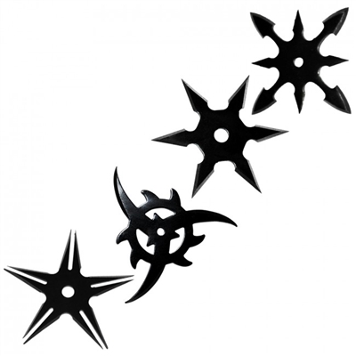 TKS307 SET OF 4PCS THROWING STAR BLK WITH POUCH.