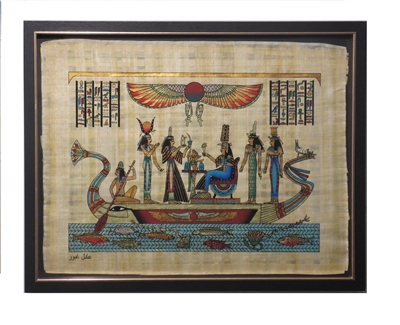 Hathor, Ma'at, Nefertari, Isis, Nephthys on a barge Framed Papyrus #18