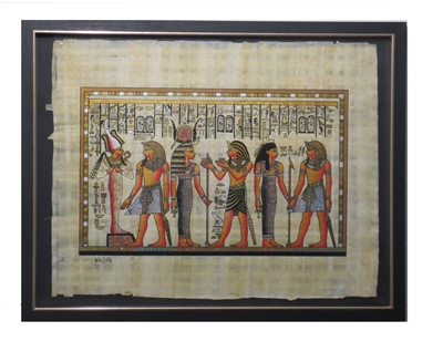 Pharoah before Osiris and Isis, Atum bringing gifts to Hathor (glitter) Framed Papyrus #29