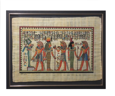Pharoah before Osiris and Isis, Atum bringing gifts to Hathor Framed Papyrus #30