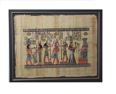 Hathor offers necklace to Amun, Anubus, Horus ordains Ramses II, Nefertari offering to Anuket Framed Papyrus #38