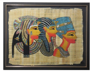 Cleopatra in Royal Vulture Crown, Tutankhamen in Nemes, Nefertiti in Modius (glitter) Framed Papyrus #43