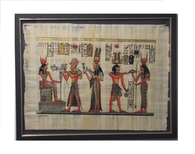 Hathor audience with Ramses II and Nefertari, offering neklace to Amun Framed Papyrus #51