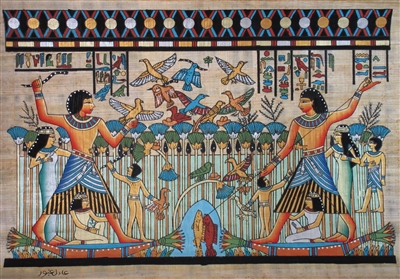#19 Nebamun hunting and fishing in boat with Hatshepsut and daughter on papyrus raft Papyrus