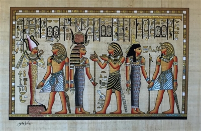 #29 Pharoah before Osiris and Isis, Atum bringing gifts to Hathor (glitter) Papyrus