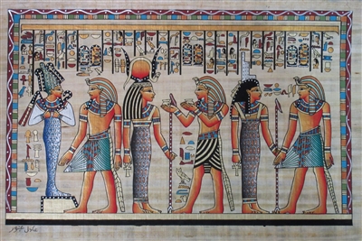 #30 Pharoah before Osiris and Isis, Atum bringing gifts to Hathor Papyrus