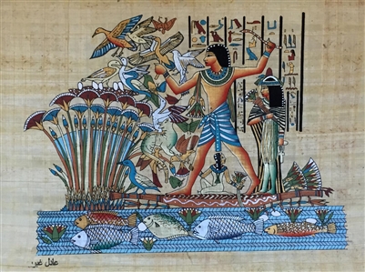 #31 Nebamun hunting birds in boat with Hatshepsut and daughter on papyrus raft Papyrus