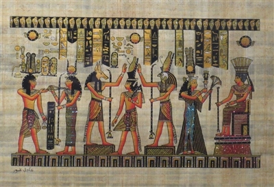 #37 Hathor offers necklace to Amun, Anubus, Horus ordains Ramses II, Nefertari offering to Anuket (glitter) Papyrus