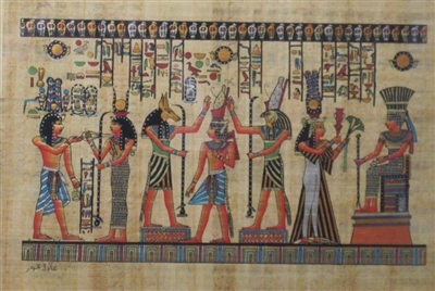 #38 Hathor offers necklace to Amun, Anubus, Horus ordains Ramses II, Nefertari offering to Anuket Papyrus