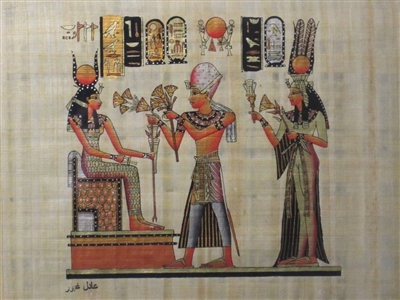 #57 Ramses II and Nefertari offer flowers to Hathor Papyrus