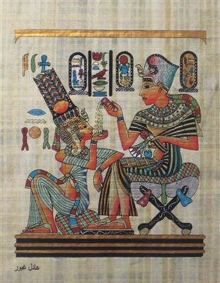 #67 Tutankhamun pouring perfume oil to Ankhesenamun; as on Nekhbet shrine Papyrus