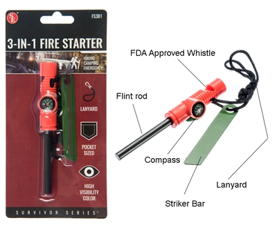 2" x 1/4", 3-IN-1 Flint Fire Starter, Compass & Whistle