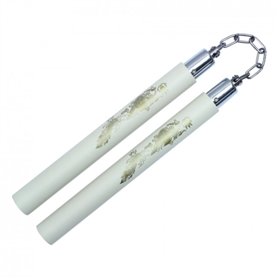 12" Foam White Nunchaku With Dragon Print With Metal Chain Link nunchuck