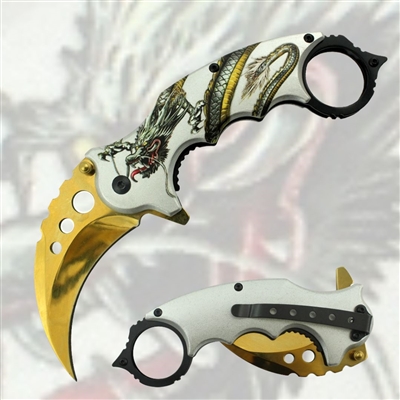 AO RT-7106GD 7" Assisted Open Karambit Knife Dragon Artwork Handle