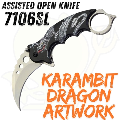 RT-7106SL 7" Assisted Open Karambit Knife Dragon Artwork Handle