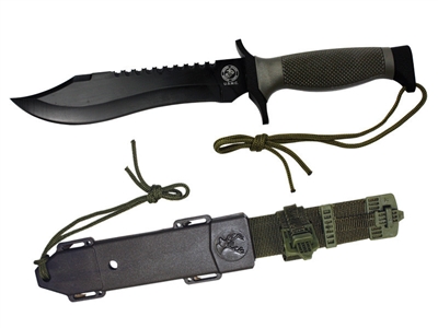 12" Survival Fixed Blade Double Saw Back w/ OD Green Handle and Sheath