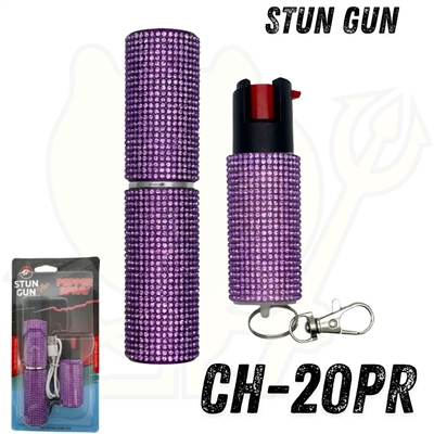 CH-20PR Purple Rhinestones Lipstick Stun Gun and Pepper Spray Combo