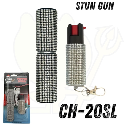 CH-20SL Silver Rhinestones Lipstick Stun Gun and Pepper Spray Combo