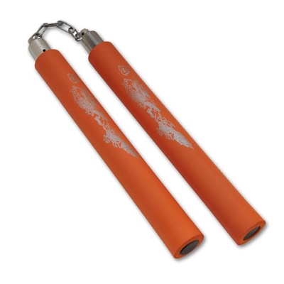 CLD045 12" Orange Foam Nunchaku With Dragon Print And Metal Chain Link nunchuck