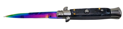 004CBK-RB Black Handle with Rainbow Stiletto Blade Automatic Switchblade Knife