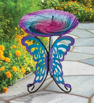 18" Birdbath With Decorative Stand - Butterfly