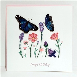 "Happy Birthday Flowers & Blue Butterflies"
