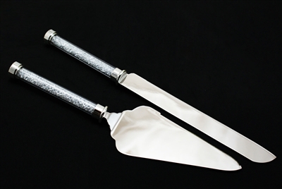 Wedding Knife and Cake Server Set with Diamond Filled Glass Tube Handle