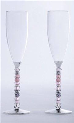 Pink Beaded Wedding ChampagneToasting Glass Set Engraved