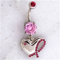 BREAST CANCER AWARENESS NAVEL RING WITH HEART AND PINK GEM RIBBON
