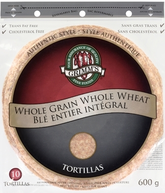 Grimm's Whole Grain Whole Wheat 10 inch Tortillas 12/600g Sugg Ret $5.29***ON SALE FOR $4.29 EACH***