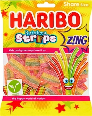 Haribo 175g Rainbow Strips Zing Sour Gummy Candy 12/175g Sugg Ret $4.29