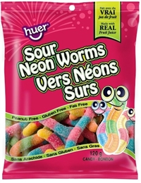 Huer 120g Gummy Sour Neon Worms 24/120g Sugg Ret $2.49