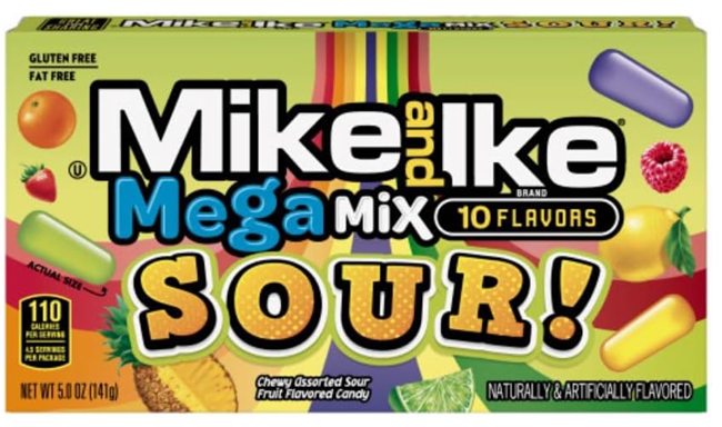 Mike and Ike Sour Mega Mix Theater Box 12/120g Sugg Ret $3.99