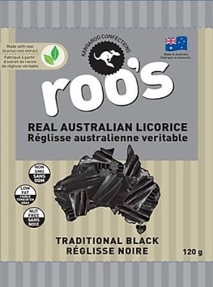 Roo's Australian Traditional Black Licorice 12/120g Sugg Ret $2.99***ON SALE 2 FOR 2 FOR $5.00***