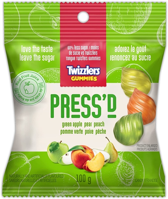 Twizzlers Gummies Press'D Green Apple Pear Peach  12/100g Sugg Ret $6.99***ON SALE FOR $1.19 EACH***