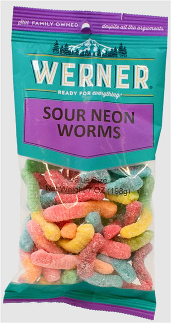 Werner Sour Neon Worms 6/198g Sugg Ret $4.99