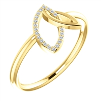 Interlocking open marquise shapes, one in diamond and one in solid, 14k yellow gold in this diamond fashion ring.