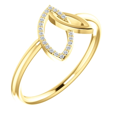 Interlocking open marquise shapes, one in diamond and one in solid, 14k yellow gold in this diamond fashion ring.